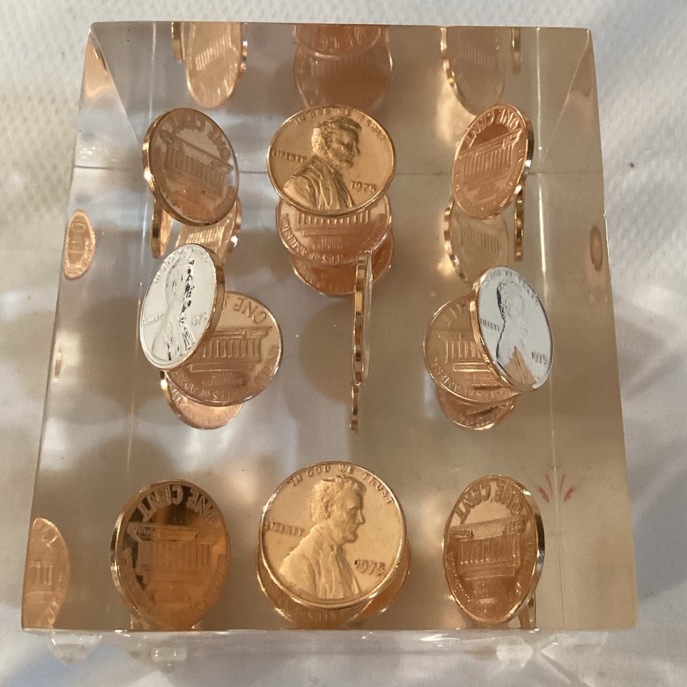 Vintage Lucite Coin Paperweight with Embedded Lincoln Pennies